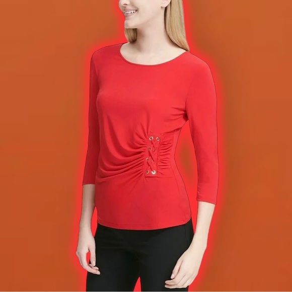 Calvin Klein ‘3/4 Sleeve Ruched Lace Up Detail Pullover Blouse’ Coral Red Size S - Picture 1 of 15